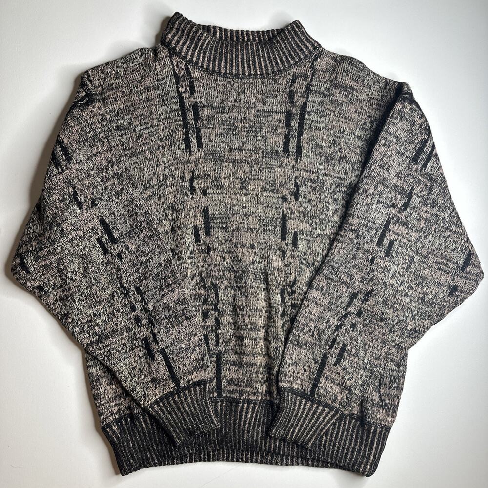 Vtg Generra Sweater L Heavy Knit Ramie Cotton Gray Black Eclectic Grandpa Grunge